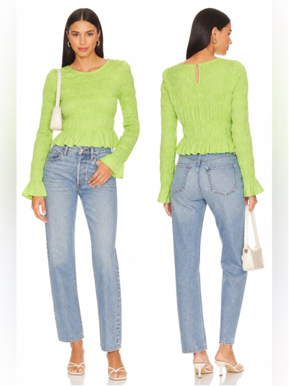Frame Neon Green Smocked Ruffle Blouse Cotton Long Sleeve Top Small - Picture 2 of 7